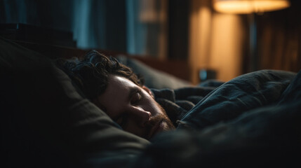 Obraz premium A man sleeping peacefully in a bed under a blanket in a dimly lit room with a lamp in the background