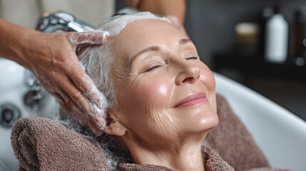 Naklejka premium Attractive aged lady enjoying a relaxing haircare procedure at a spa salon while indulging in self-care and wellness treatment