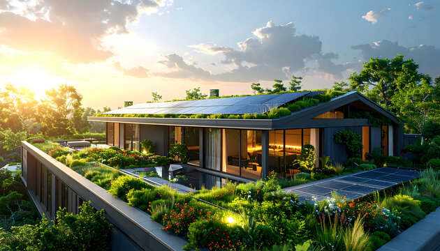 Modern green roof house with solar panels and lush garden