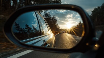 Sunset reflected in side mirror of a car driving along a winding road through the forest