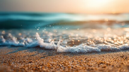 Gentle waves splash on golden sand under a vibrant summer sky at a tropical beach during sunset