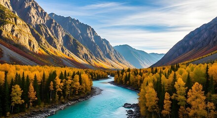 Turquoise river flows through autumn mountains with golden trees.