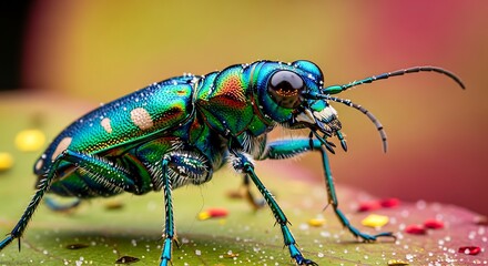 Iridescent beetle with metallic sheen sits on a leaf.