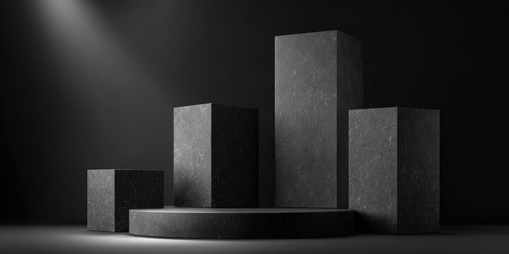 Dark studio setting with geometric blocks and stage illuminated by a spotlight, minimalist design