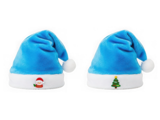 Blue festive santa hats with christmas patches, holiday cheer