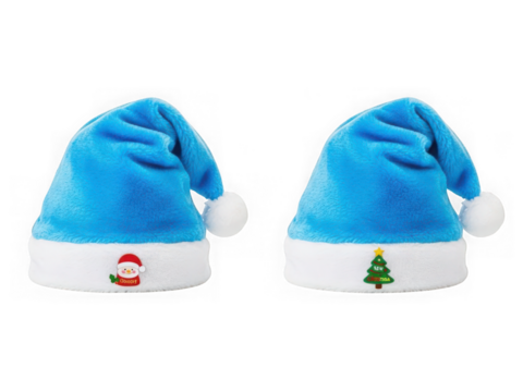Blue festive santa hats with christmas patches, holiday cheer