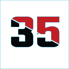 Stylized number thirtyfive with yellow fill and red outline on