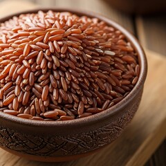 Brown rice fills a rustic ceramic bowl on a wooden surface.