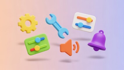 Collection of colorful 3d rendered icons representing settings tools and notifications floating against a soft gradient background