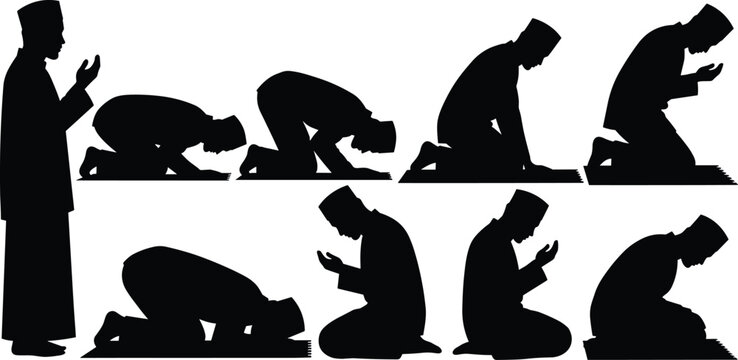 Islamic prayer positions silhouette set showing worship, sujud, ruku and dua, Muslim man praying on sajjadah for religion and spirituality