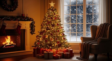 Cozy Christmas room with a glowing fireplace and decorated tree.