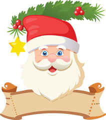 joyful santa claus face with festive holly star and blank banner high quality