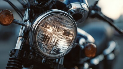 Close up view of a motorcycle's front light showcasing bright illumination and detailed design on a clear day