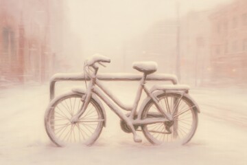 Fototapeta premium Snow covered bicycle standing still amidst a winter wonderland captures the stillness and solitude of a snowy urban landscape reflecting the stillness of nature