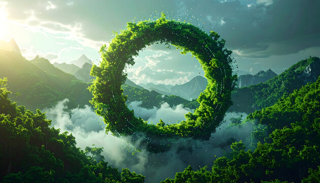 Circular green foliage design in mountainous landscape - Powered by Adobe