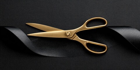 Close-up view of gold scissors poised to cut a black ribbon, elegant and modern