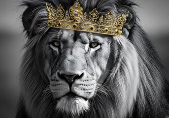 Majestic lion wears a golden crown in a dramatic black and white portrait.