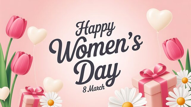 Happy womens day greeting card with pink tulip flower and gift box