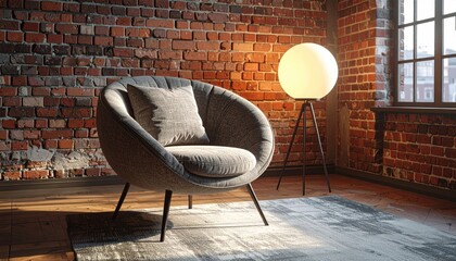 Cozy chair in sunlit brick room
