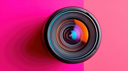 Stunning camera lens resting on vibrant pink background showcasing unique colors and patterns for photography enthusiasts