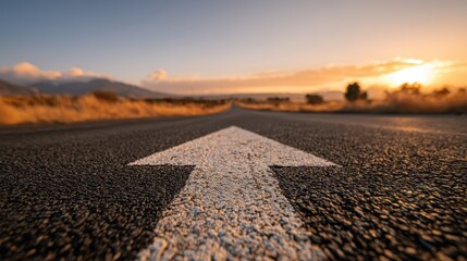 Long asphalt road stretching ahead with painted white arrow under a golden sunset sky in a serene landscape