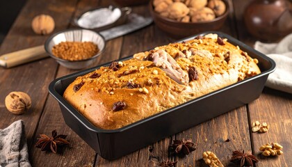 Baked loaf, walnuts, and star anise