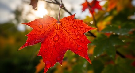 Bright red autumn leaf glistens with water droplets in warm sunlight.