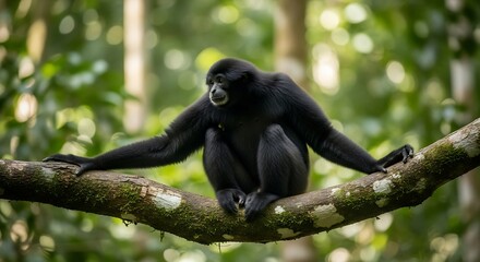 A sleek, black primate perches on a mossy branch in a lush, green forest setting, looking off-camera. The focus is sharp