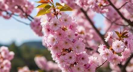 Delicate pink cherry blossoms bloom on branches against a soft sky.