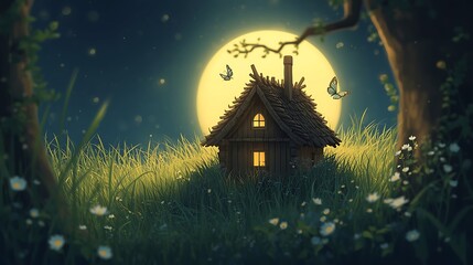 Spooky Halloween night landscape illustration with a haunted house, bats, and a full moon in the dark sky