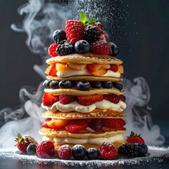 Pancake stack with berries and cream