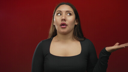 Fototapeta premium Young hispanic woman wearing a fitted black long sleeve top with palm raised and eyes closed against a red studio wall; indifference.