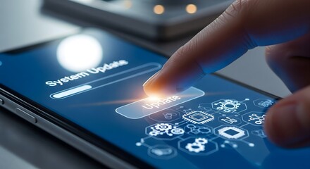 Finger taps Update button on smartphone screen, digital transformation