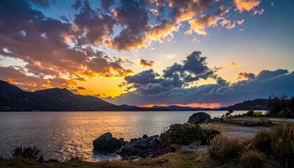 Sunset lake, orange and blue sky