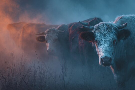 Cows grazing in a misty field during early morning light showcasing the beauty of livestock and rural life - Powered by Adobe
