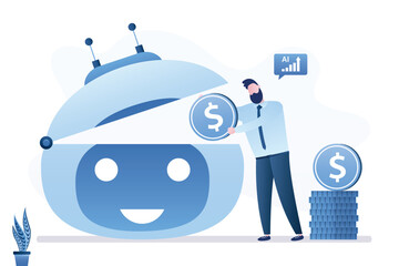 Businessman or developer insert coins into giant robot head. Creating and developing innovative robot or chatbot. Setting or training neural network with artificial intelligence