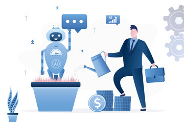 Businessman use watering can and waters chat bot with AI in pot. Venture fund investing in new innovation startups and neural networks development.