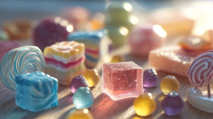 Close up shot of colorful assorted candies including cubes and swirls on a light surface
