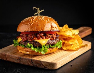 Burger, cheddar, tomatoes, and chips