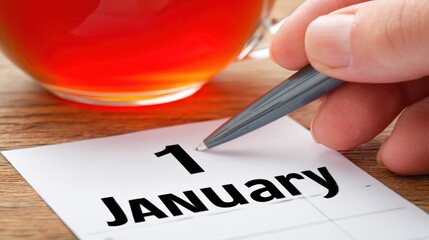 Close up of hand writing on january calendar date with tea in glass