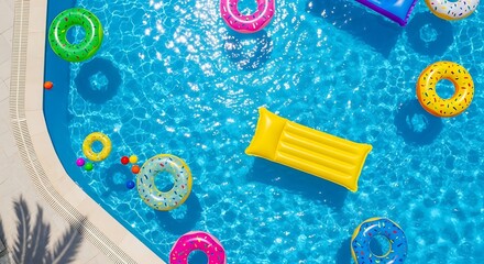 Inflatable donuts and a yellow float drift in a bright blue swimming pool.