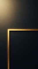 A sleek, elegant abstract. A golden, rectangular frame on a dark, textured backdrop. Soft light highlights the upper left
