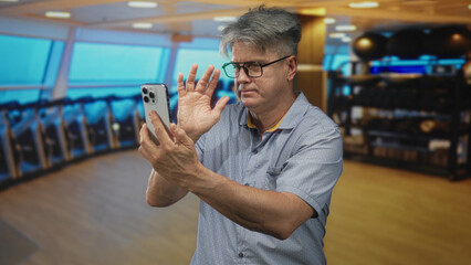 Man holding smartphone at arm length, tapping screen and waving hand while standing in a gym building with cardio machines and kettlebells visible; focus connection.