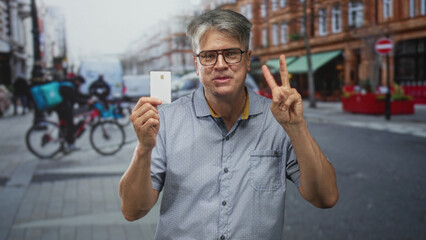 Man points finger while holding creditcard on street in front of storefronts amid cyclists and cars; confidence reminder.