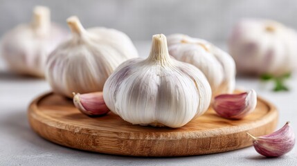 Fresh garlic bulbs and cloves on a wooden plate