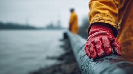 A person wearing red gloves holds onto a pipe near a body of water.