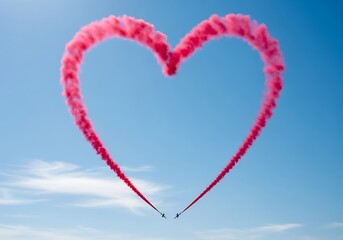Two planes create a heart shape with red smoke trails in the sky.