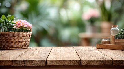 Wooden table with flowers and plants in a garden setting