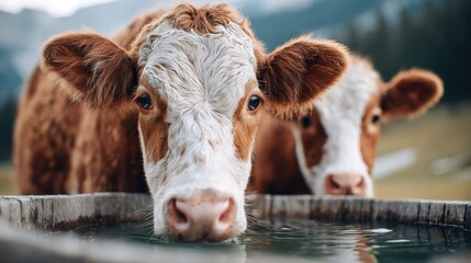 Cows drinking water in a wooden trough
