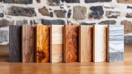 Variety of wood and stone samples displayed on a wooden surface.